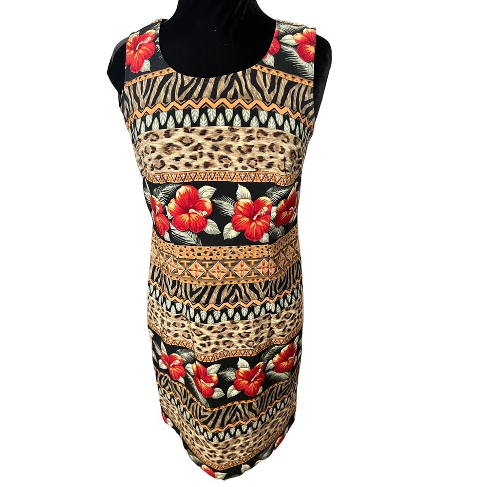 Vintage 90s Kathie Lee Tropical Black Floral Animal Print Tiki Mini Dress Small
